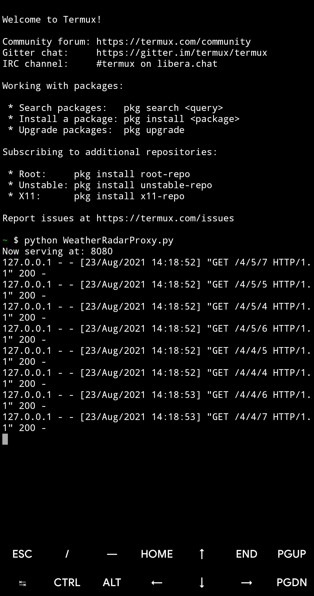 Screenshot from Termux Running the Proxy Server